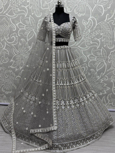 Pretty Grey Sequins Wok Net Wedding Wear Lehenga Choli With Dupatta - Ethnic Plus In